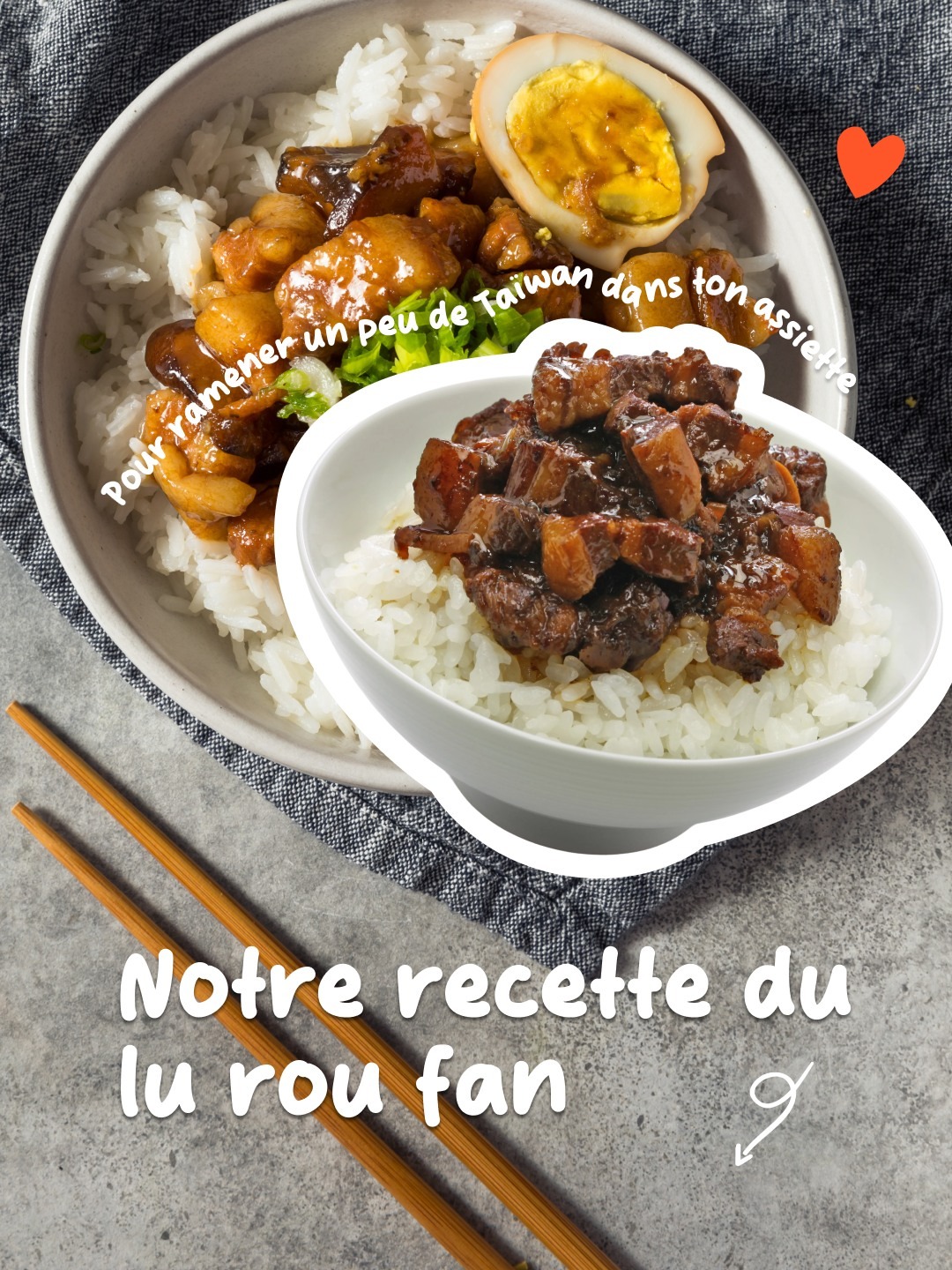 Le lu rou fan, c’est typique de Taïwan (et hyper réconfortant) ! 😋

Il s’agit de porc braisé qu’on sert sur un bol de riz et tu dois absolument goûter au moins une fois alors par ici la recette 👇

Ingrédients pour 4 personnes : 
🔸 450 g de poitrine de porc 
🔸 2 cuillères à café d’huile (idéalement de tournesol)
🔸 50 g de sucre roux
🔸 60 ml de vin Shaoxing
🔸 45 ml de sauce soja light
🔸 30 ml de sauce soja dark
🔸 100g  d’échalote en poudre
🔸 3 anis étoilés
🔸 500 ml d’eau
🔸 4 oeufs durs

Préparation :
🔸 Découper la poitrine de porc en morceaux (de la taille de votre choix)
🔸 Porter une casserole d’eau à ébullition et faire blanchir la viande 1 minute
🔸 Égoutter, rincer la viande pour enlever l’écume et réserver
🔸 Chauffer l’huile dans un wok à feu doux et ajouter le sucre jusqu’à ce qu’il commence à fondre
🔸 Ajouter la poitrine de porc, les échalotes, le vin Shaoxing, la sauce soja light, la sauce soja dark et l’eau
🔸 Remuer et porter à ébullition puis ajouter les anis étoilés
🔸 Laisser mijoter pendant 2 heures à feu doux en remuant de temps en temps
🔸 Au bout d’1h40 de cuisson, ajouter les oeufs préalablement écalés
🔸 Au bout des 2h, retirer les anis et augmenter le feu pour épaissir la sauce en remuant. 
🔸 Servir sur un bol de riz blanc

Et tadam !

📸 Brent Hofacker
