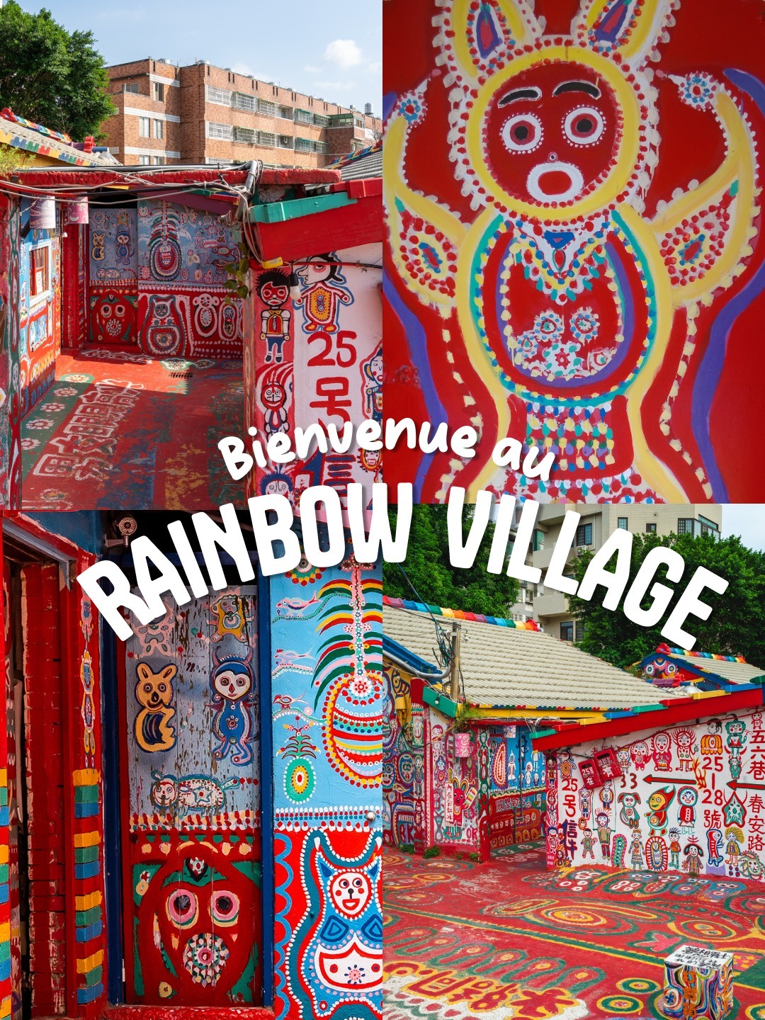 Tu dois savoir plusieurs choses sur Rainbow Village avant de venir 🫶

1️⃣ Cet ancien quartier militaire a failli être détruit. C’est pour cette raison que Huang Yong-Fu a commencé à peindre les façades de ses maisons en 2010.
2️⃣ Avant la disparition de celui qu’on appelait Rainbow Grandpa, on avait de grandes chances de le croiser pendant notre visite.
3️⃣ Le village n’est pas très grand, 30 minutes à 1h te suffiront pour admirer toutes les fresques.
4️⃣ Il est situé à Taichung à l’écart du centre-ville mais tu peux facilement y accéder en bus.

Tu avais déjà entendu parler de ce spot ?

👉 Le village est ouvert du mardi au dimanche de 9h à 17h.

📸 Shawn.ccf / KaWai - Adobe Stock